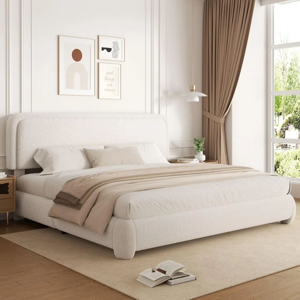 

Queen Size Boucle Bed Frame, Upholstered Cloud Platform Bed Frame with Headboard, Anti-Collision Soft Rounded Corners, Beds