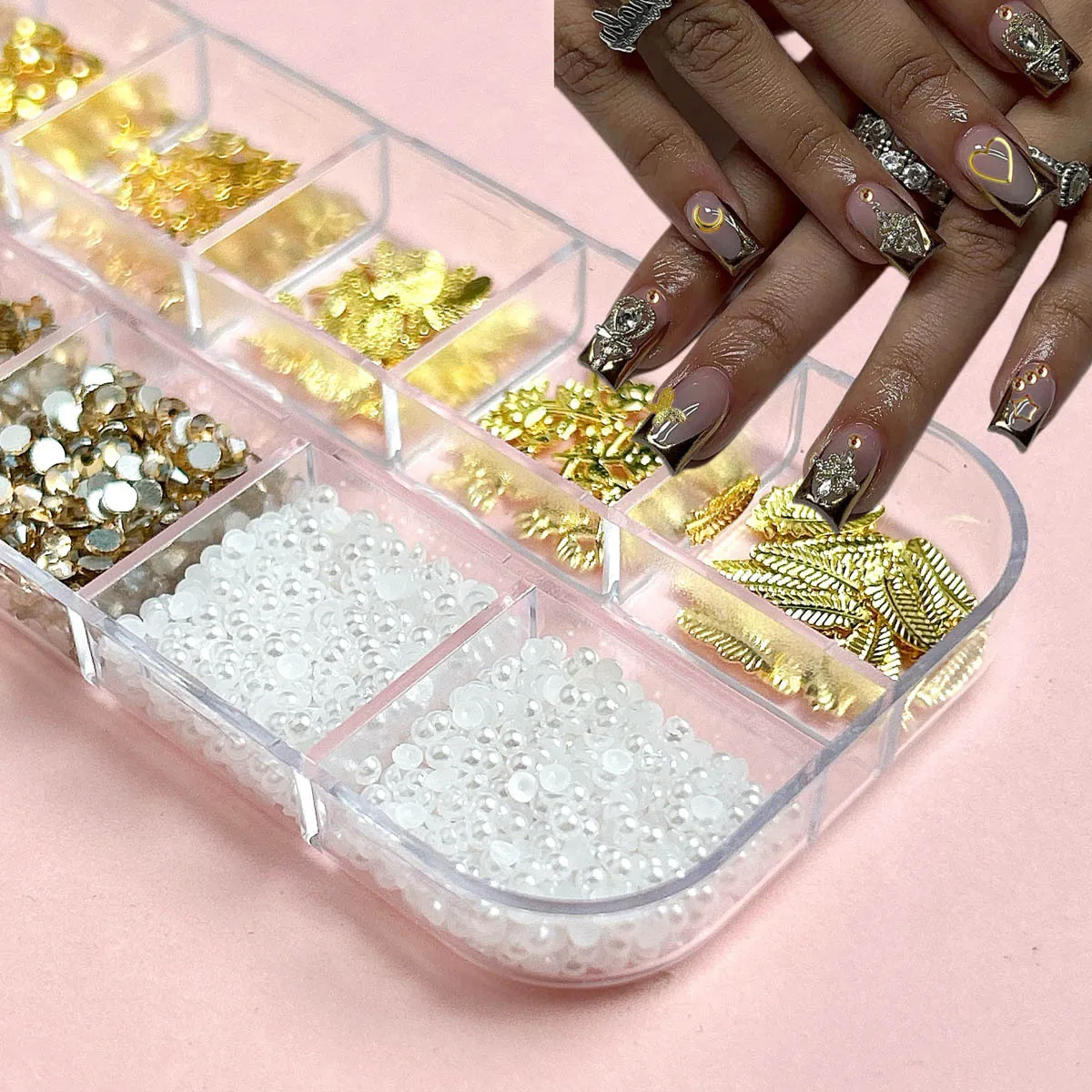 12 Lattice Nail Accessories Alloy Blend Semi-Stick Pearl Super Flash Gold Butterfly Nail DIY Material Package Nail Decoration