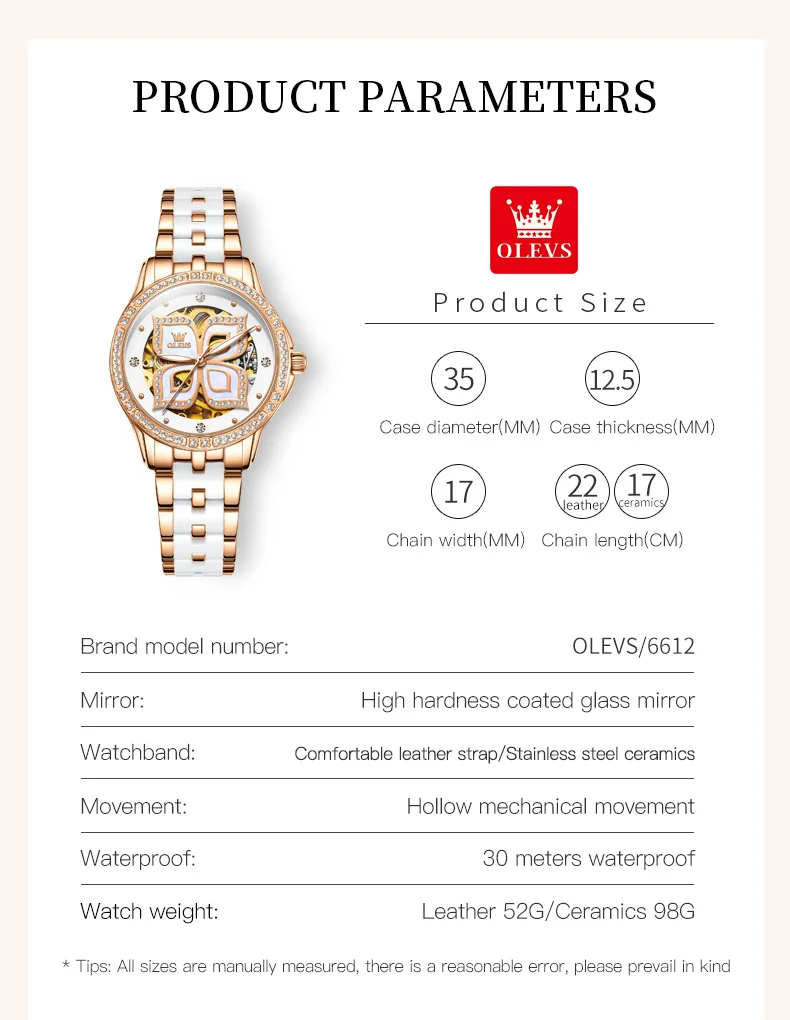 OLEVS Elegant Diamond Women\'s Watch Waterproof Women\'s Automatic Mechanical Watch Luxury Brand Skeleton Women\'s Watch Set 6612