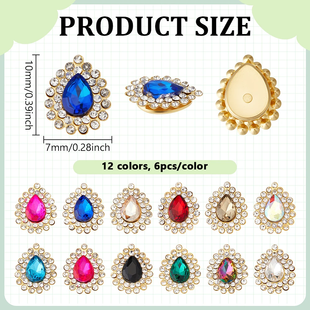 72pcs 12 Colors Glue on Rhinestones 10x7mm Tear Drop Rhinestone Embllishments Flat Back Glass Gems Stick on Crystals for Clothes