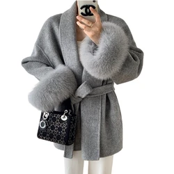 2023 Autumn and Winter  New Double-Faced Woolen Goods Cashmere Coat Women's Whole Leather Fox Fur Fur High Sense Cape Coat