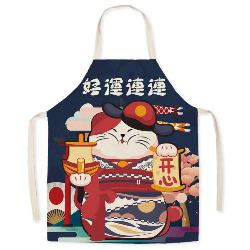 Japanese cartoon lucky cat linen apron home kitchen cooking baking apron oil-proof housework cleaning accessories