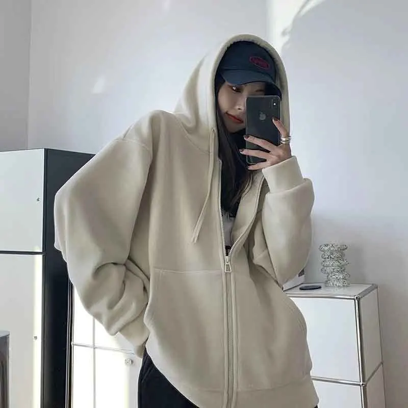 

Winter Fleece Warm Hooded Jacket Women Korean Loose Zipper Pocket Casual Sweatshirts Harajuku Solid Preppy All Match Sweatshirt