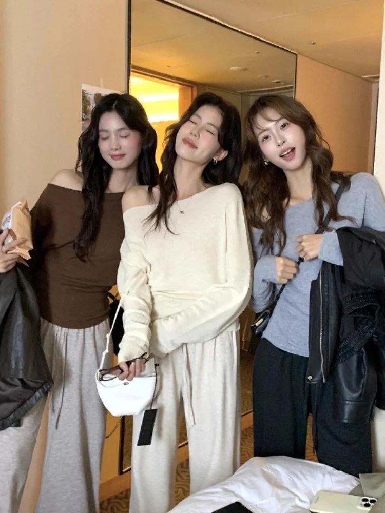 

Корейский вязаный топ с длинными рукавами для женщин, ранняя осень, дизайнерский, элегантный, с открытыми плечами, базовая верхняя одежда