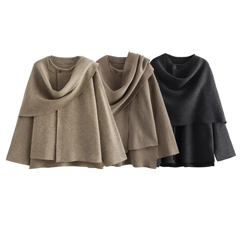 Abrigo elegante para mujer, bufanda con cuello, manga larga, chaquetas irregulares con botones, ropa de calle de estilo europeo y americano, prendas de vestir exteriores informales