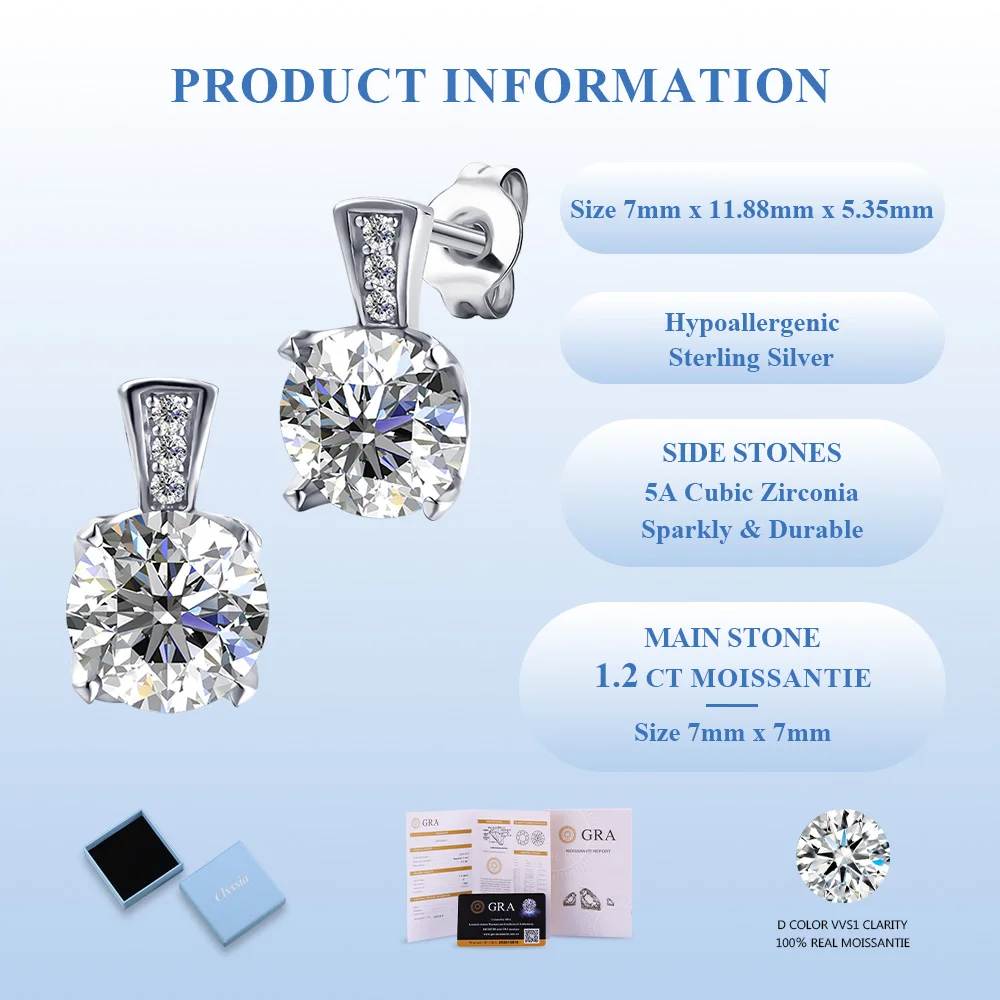7.0mm D VVS1 Moissanite Jewelry 925 Sterling Silver Stud Earrings for Women 18K White Gold Plated Fine Jewelry with GRA