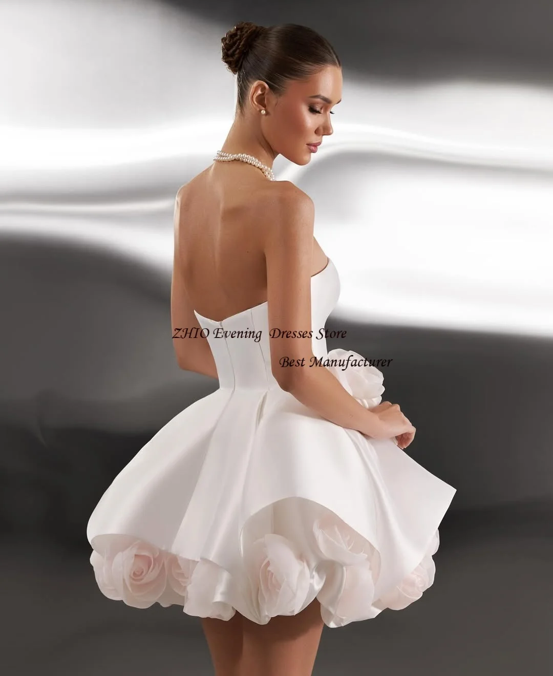 ZHIO Elfenbeinfarbenes, modernes Satin-Abendkleid mit Mini-Länge, Blumenapplikationen, trägerlos, ärmellos, formelle Ballkleider mit Rüschen