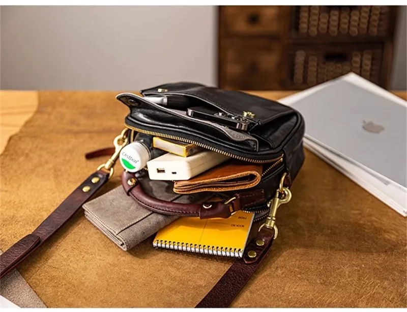 Modische, hochwertige Herren-Umhängetasche aus echtem Leder, lässige Designer-Luxus-Schultertasche aus echtem Rindsleder in Schwarz. – Detail 9
