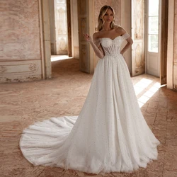 Exquisite Pearls A Line Wedding Dress for Women Off the Shoulder Garden Bridal Gown Long Sleeve Tulle Boho Vestidos De Mairee