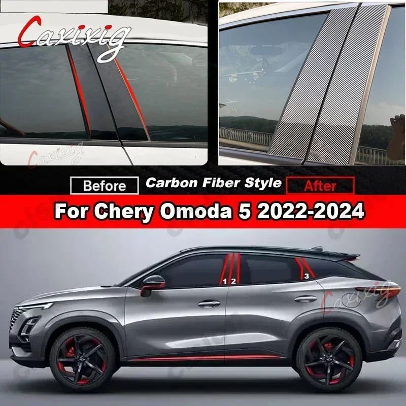 

For Chery Omoda 5 2022-2024 6Pcs Car Window Center B C Pillars Post Trim Door Column Glossy Black PC Sticker Cover Mirror Effect