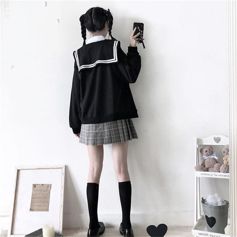 Kawaii Black Zip Up Hoodie Women Sailor Collar Sweatshirt Japanese Streetwear Soft Girl Fashion Oversized Sweatshirt