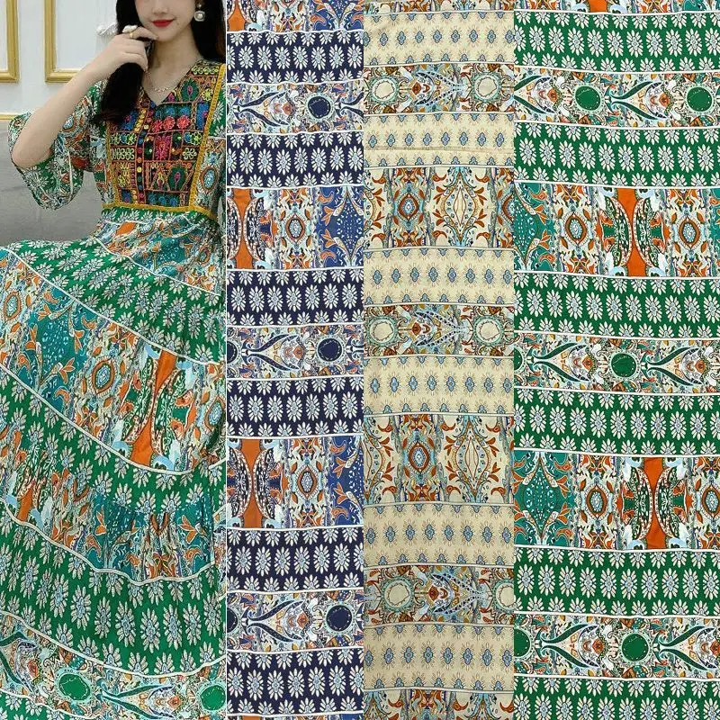 

Ткань из искусственного шелка с цветочным узором в богемном стиле по метрам для одежды, платья, рубашки, шитья своими руками, летняя дизайнерская ткань в этническом стиле, розовый, зеленый, красный