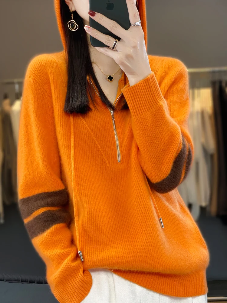 Women's Knitted Hooded Pullover, 100% Merino Wool Garment, Casual Oversized Sweater, Korean Fashion Jacket, Tops, Autumn, Winter