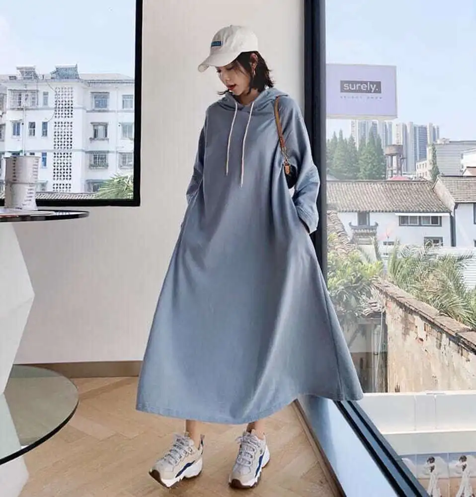 

Plus Size 5XL 150KG Women Autumn Long Dress Female Oversized Ankle-length Straight Hooded Pullover Large Size Maxi Dress