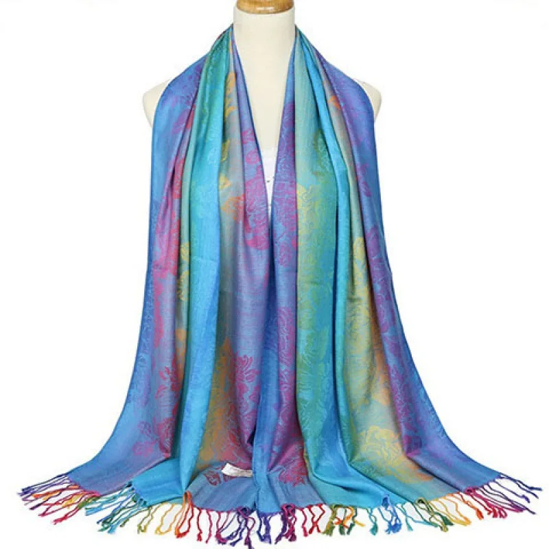 New Colorful Retro Ethnic Style Women\'s Travel Scarf Jacquard Cotton Warm Scarf Gradient Lengthening Tassel Shawl