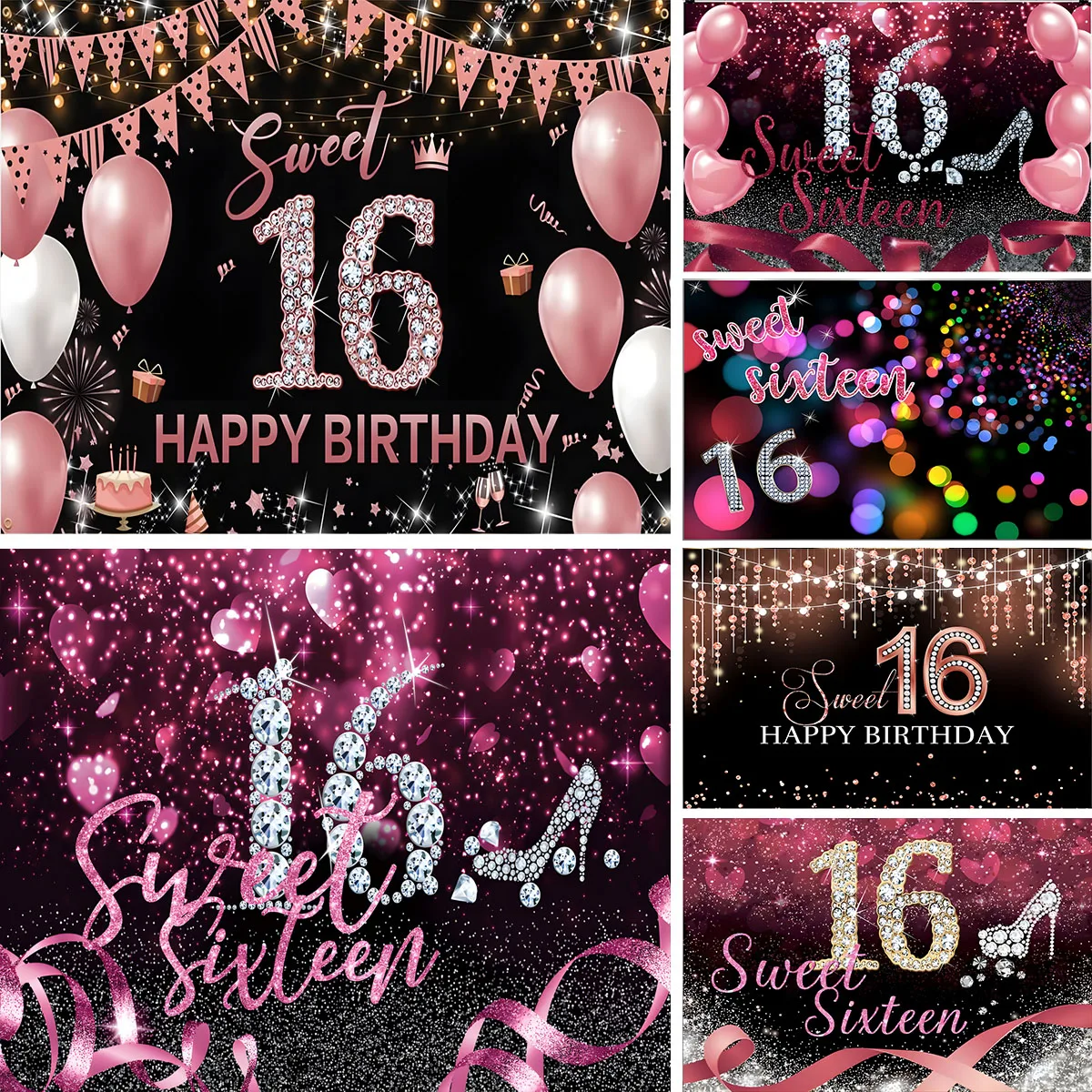 

Purple Balloon Present Sweet 16 Background for Photography Sixteen Birthday Party Backdrop Decor Props Banner Poster