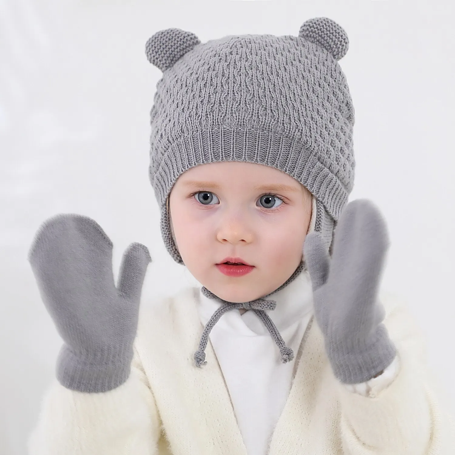 2Pcs Baby Knit Gloves Hat Set Solid Color Autumn Winter Ear Protection Infant Toddler Beanie Cap for Girls Boys Cute Outdoor War