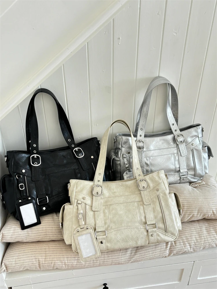 

Retro Chic Motorcycle Tote Bag Women's High-End Large Capaci Single oulder Crossbody Bag Commuter Handbag