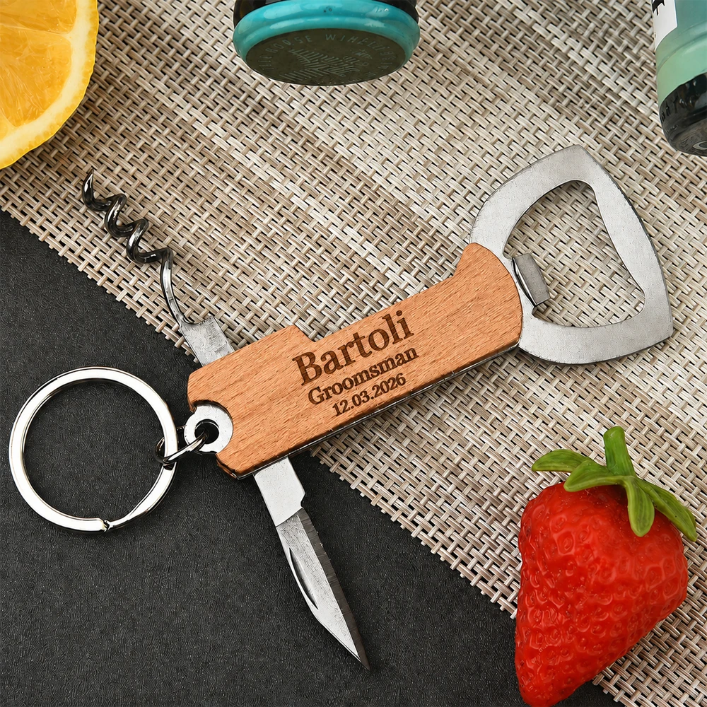 20/30* Personalized Wooden Bottle Opener Keychain, Custom Engraved Wine Corkscrew Opener, Wedding Best Man Favor