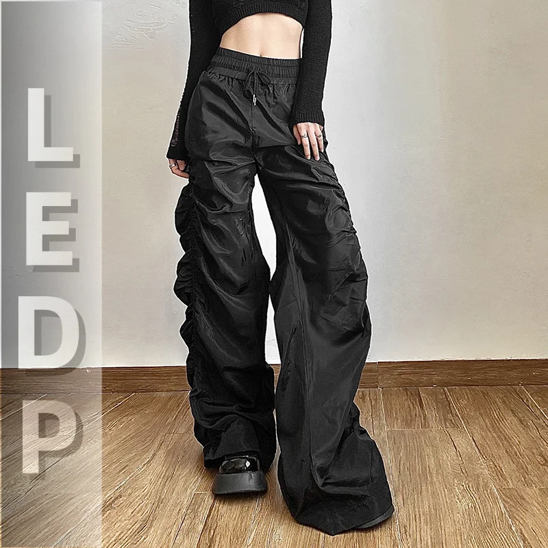 IMU European Hot Girls Loose Mopping High-waisted Pants Women's Design Folds Pleated Wide-leg Long Pants Punk Capris Black Versa