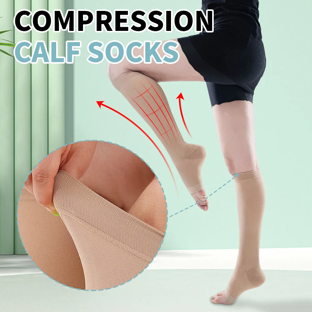 

Hh Open Toe Medical Compression Socks Unisex Class 2 Knee High Calf Support Stockings Graduated Pressure 20-30mmHg Beige Color