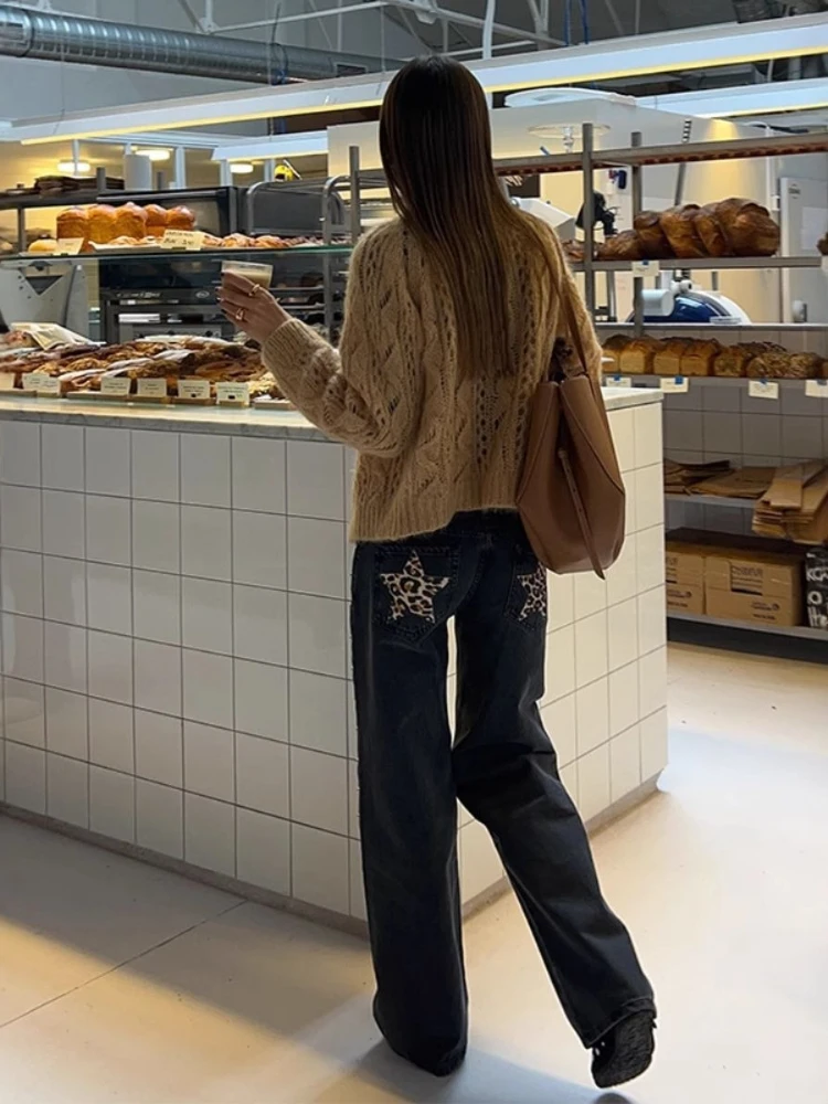 

Deeptown Y2k Black Vintage Leopard Star Patchwork Women Jeans Punk American Style Denim Trousers Straight Baggy High Street