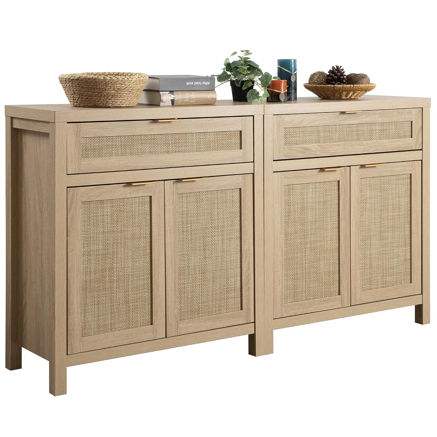 Sideboard Buffet Storage Cabinet Set of 2, Rattan Credenza Buffet, Customized