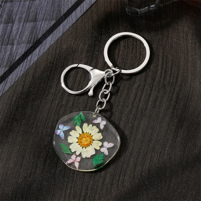Creative Natrual Real Dried Flower Style Resin Key Chains Hibiscus Daisy Petal Pendant Lobster Clasp Keychain Pendant Keyring