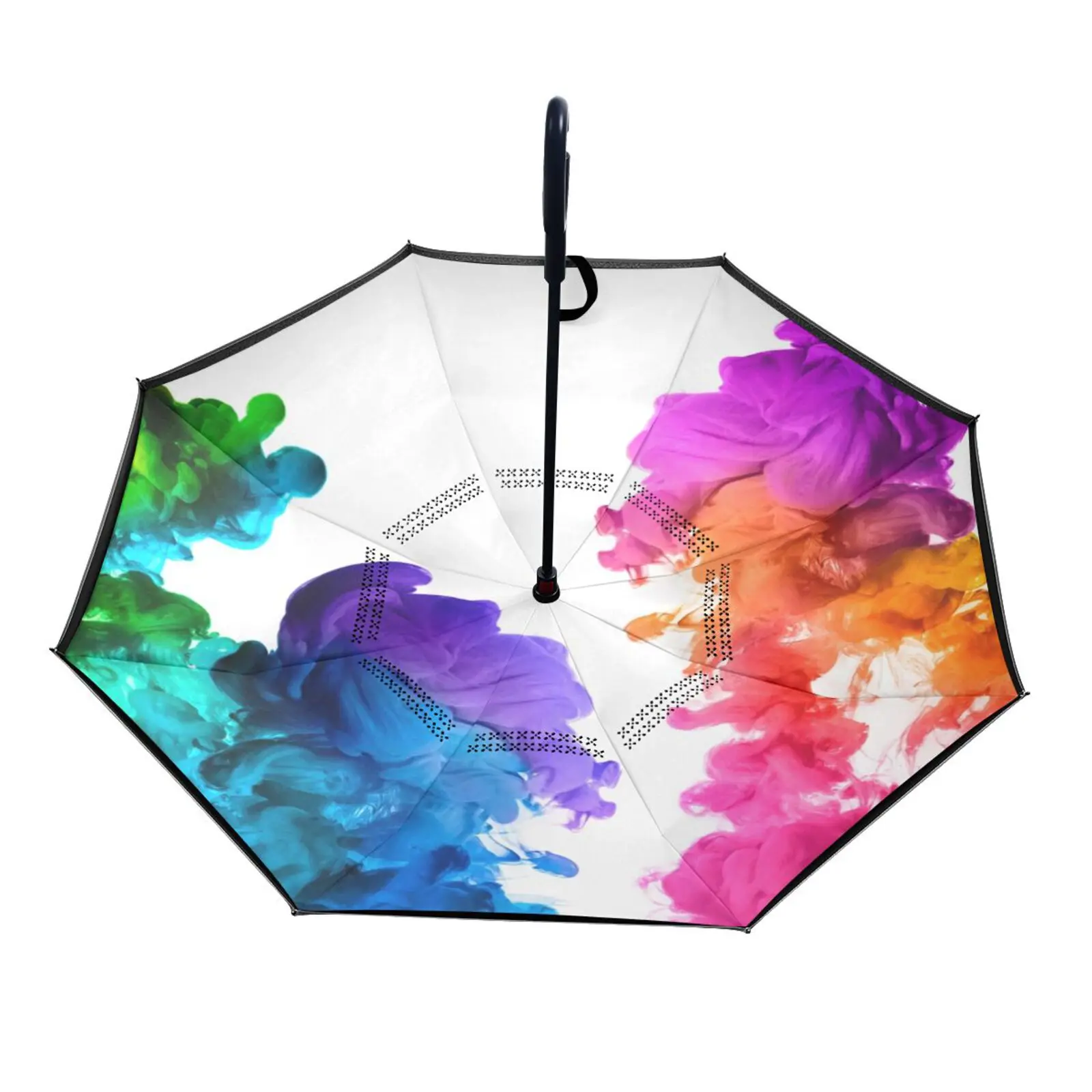 Rainbow pattern Design Manual Reverse Umbrella Long Shank Double Layer Inverted Umbrella With C Handle Rain Umbrella General