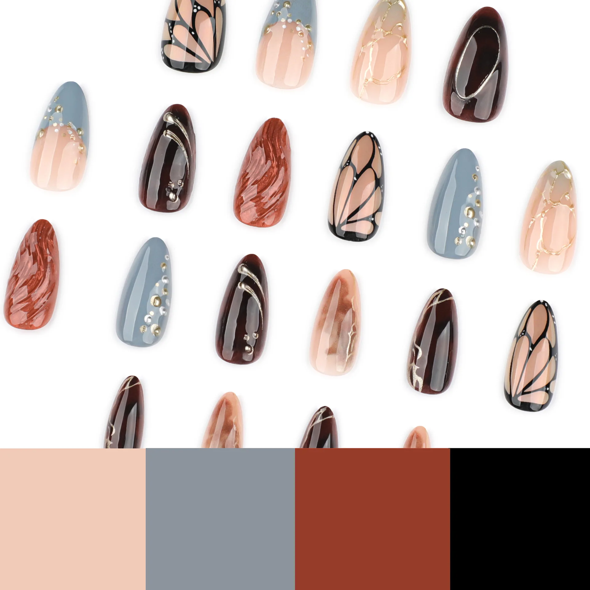 24個入り アーモンド型 付け爪 グリッター バタフライ グロッシーブルー フレンチ ゴールデン柄 フェイクネイル 女性用 取り外し可能 付け爪チップ