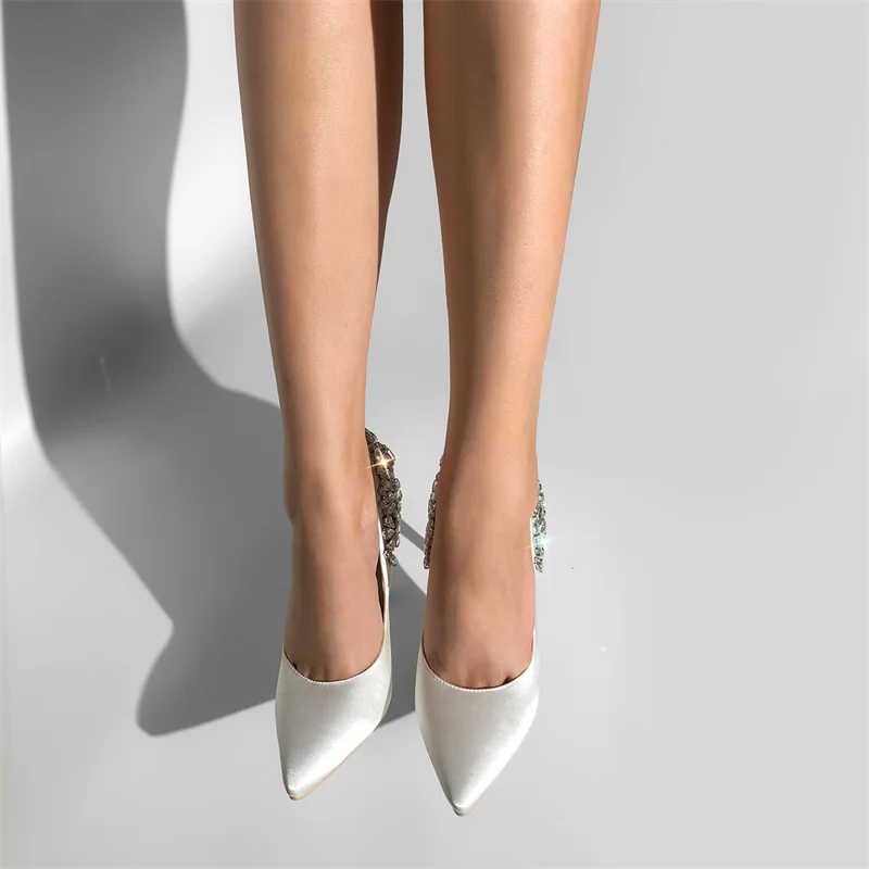 Onlymaker Women 12CM Pointed Toe Fashion Thin Heels White Bride  Artificial Diamond Big Size Wedding Woman Pumps