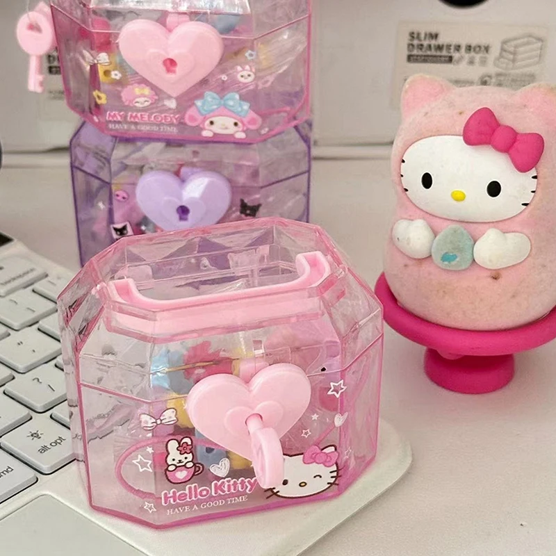 Sanrio Creative Key Switch Storage Box Girl Cartoon Hello Kitty My Melody Kuromi Cinnamoroll Transparent Dustproof Jewelry Box