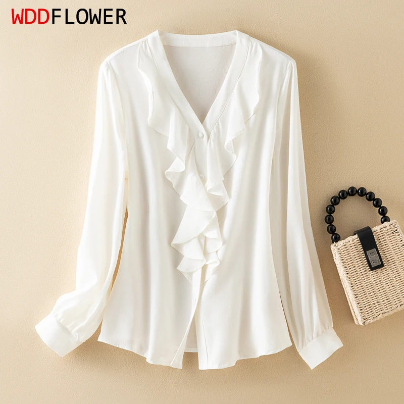 

93% Mulberry Silk 7% Spandex Women Long Sleeve Shirt White V Ruffles Neck Buttons Down Top Blouse Office Work L XL 2XL FF052