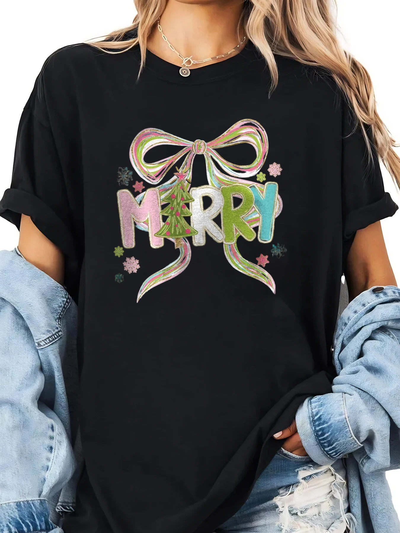 メリークリスマス ボウプリント Tシャツ ホリデー レディース カジュアルウェア ブラック プラスサイズ