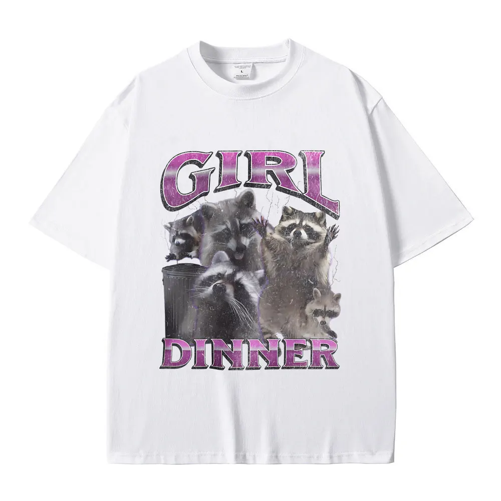 فتاة عشاء مضحك الراكون الجرافيك تي شيرت الرجال النساء Y2K خمر ميمي تي شيرت للجنسين موضة المتضخم O-طوق قصيرة الأكمام #6