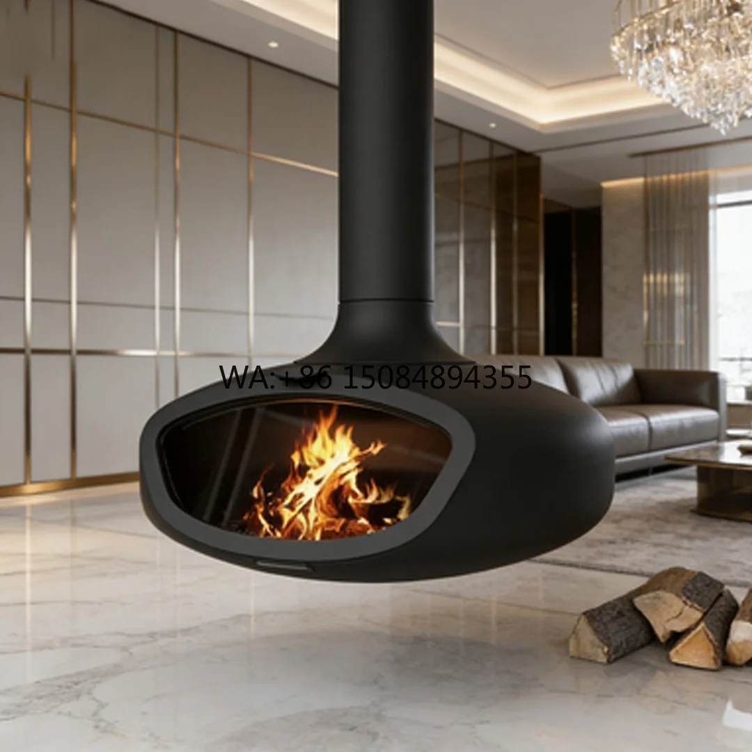 CRUISE Real Flame Transparent Glass Indoor Heating Freestanding Wood Burning Stove Iron Plate With Diameter Hanging Fireplace