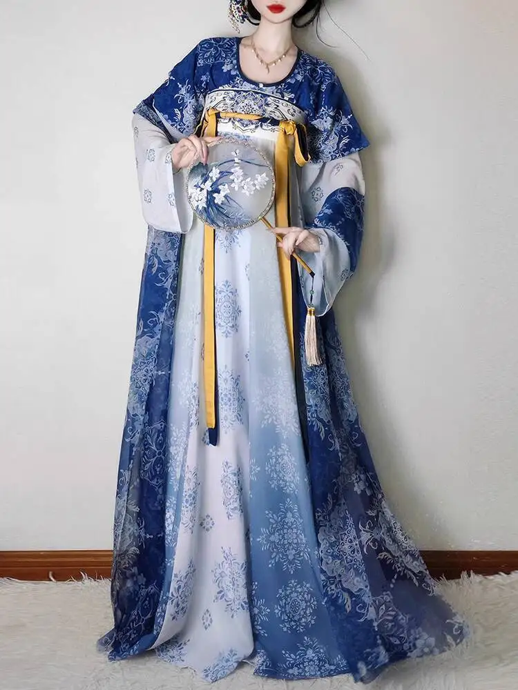 Retro Hanfu ชุดผู้หญิงจีน Tang สไตล์พอร์ซเลนสีฟ้าและสีขาวรอบคอ Elegant Daily สไตล์คอสเพลย์ Fairy Hanfu ชุด