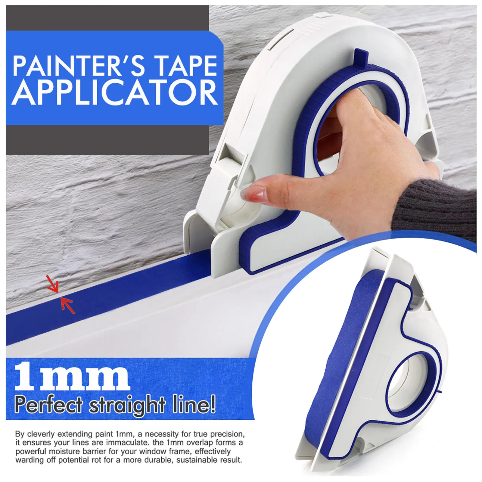 Masking Paint Tape Applicator Set Dispenser Tool with 5 Roll 25mm Width Blue Painter Tape Portable Cutter for Trim Door Frames