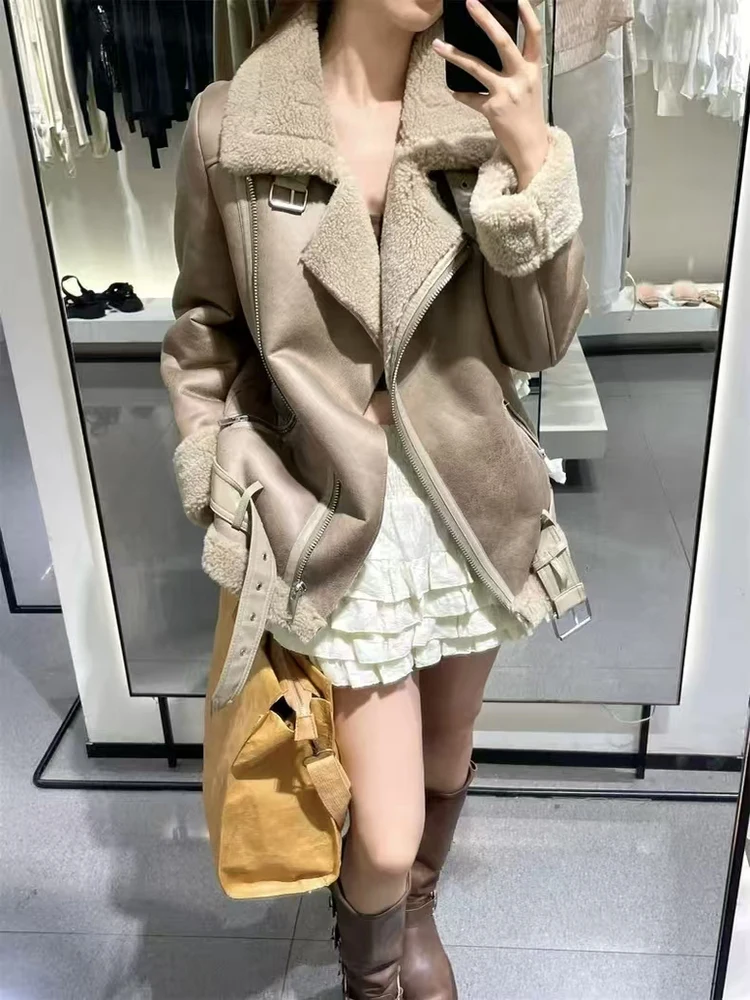 

Ретро байкер Sle Fce на подкладке из хутра и кожи Jaet, женский модный пояс, интегрированная верхняя одежда, пальто