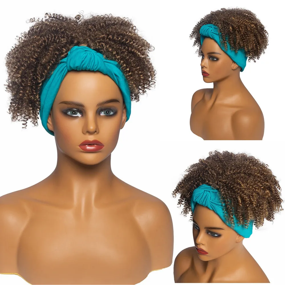 Synthetic Headband Wig Afro Kinky Curly Turban Wrap Hair Wig Drawstring Elastic Band Scarf Wig for Women Daily Use Cosplay Wigs