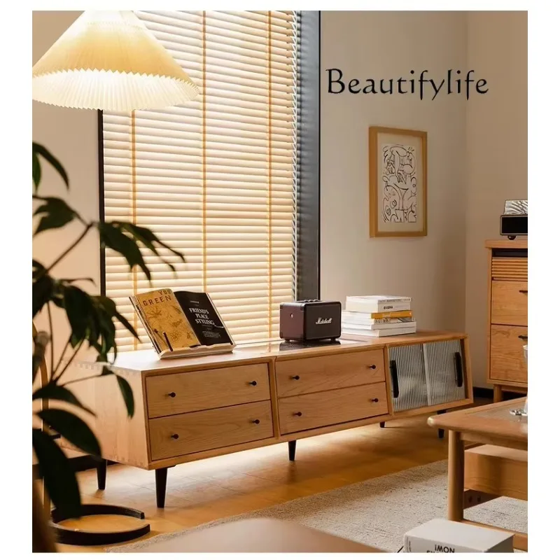 

Nordic TV cabinet Solid wood living room Home display cabinet Cherry wood floor-to-ceiling small apartment TV cabinet