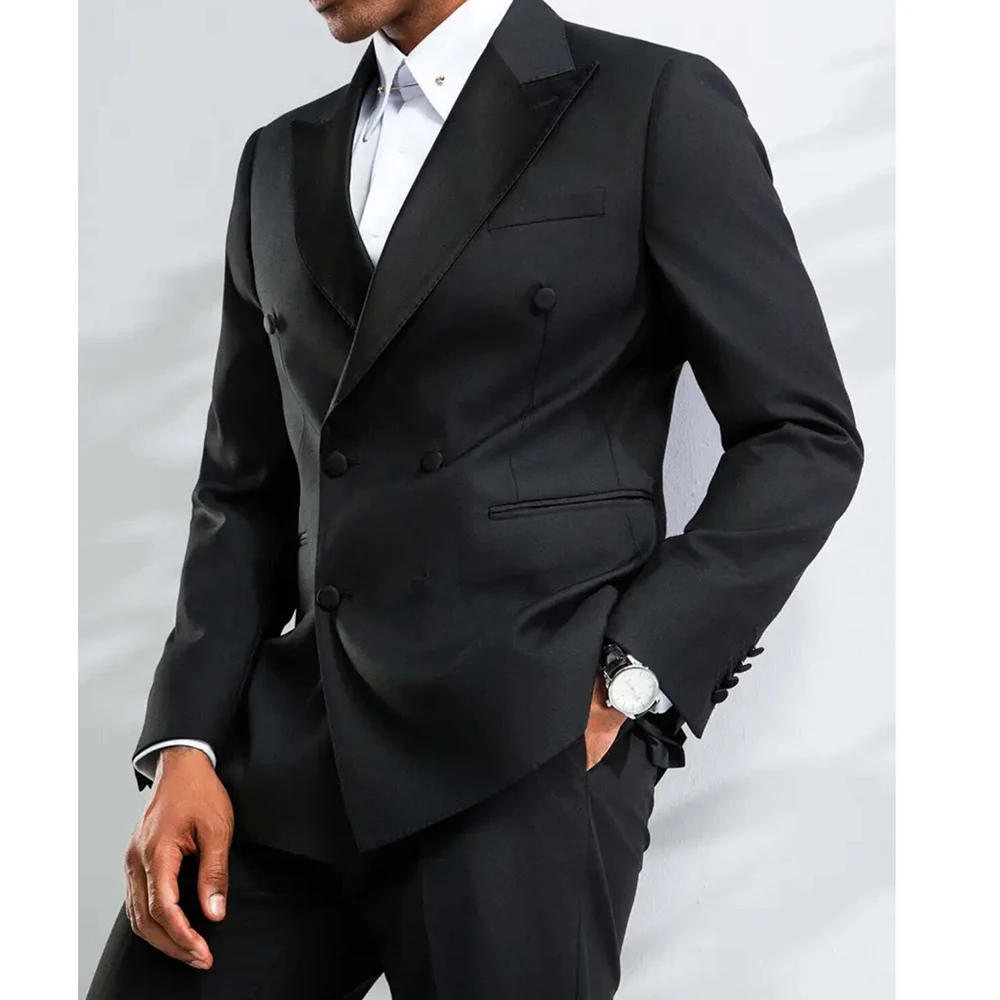 Double Breasted Black Men Suits Peak Lapel Regular Length Back Split Blazer Elegant Wedding 2 Piece Jacket Pants Outfits Terno