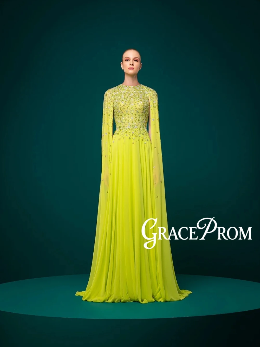 

Elegant Fluorescent Green Formal Prom Dress Sparkly Bead Bodice Cape Sleeve Chiffon Evening Gown For Arab Wedding Bridal Shower