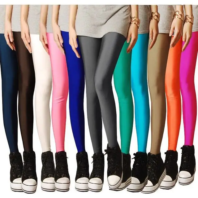Glossy Ice Silk Thin Women's Base Layer Pants High Waist Nine Points Fluorescent Elastic Slim Fit Candy Color Bottoms