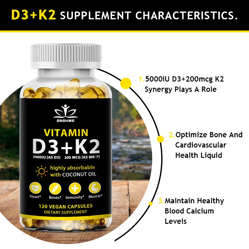 Vitamin D3 K2 Capsules Daily Supplement Natural Coconut Oil  Healthy Immune System Heart and Bones Vegetarian Supplements