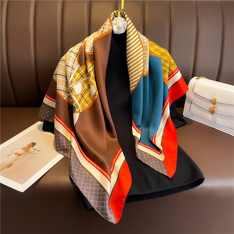 European American Color match Fashion Silk Scarf Women 90X90cm Square Shawl Female Tie Neck Bag Wrap Hijab Print Scarves Ribbon