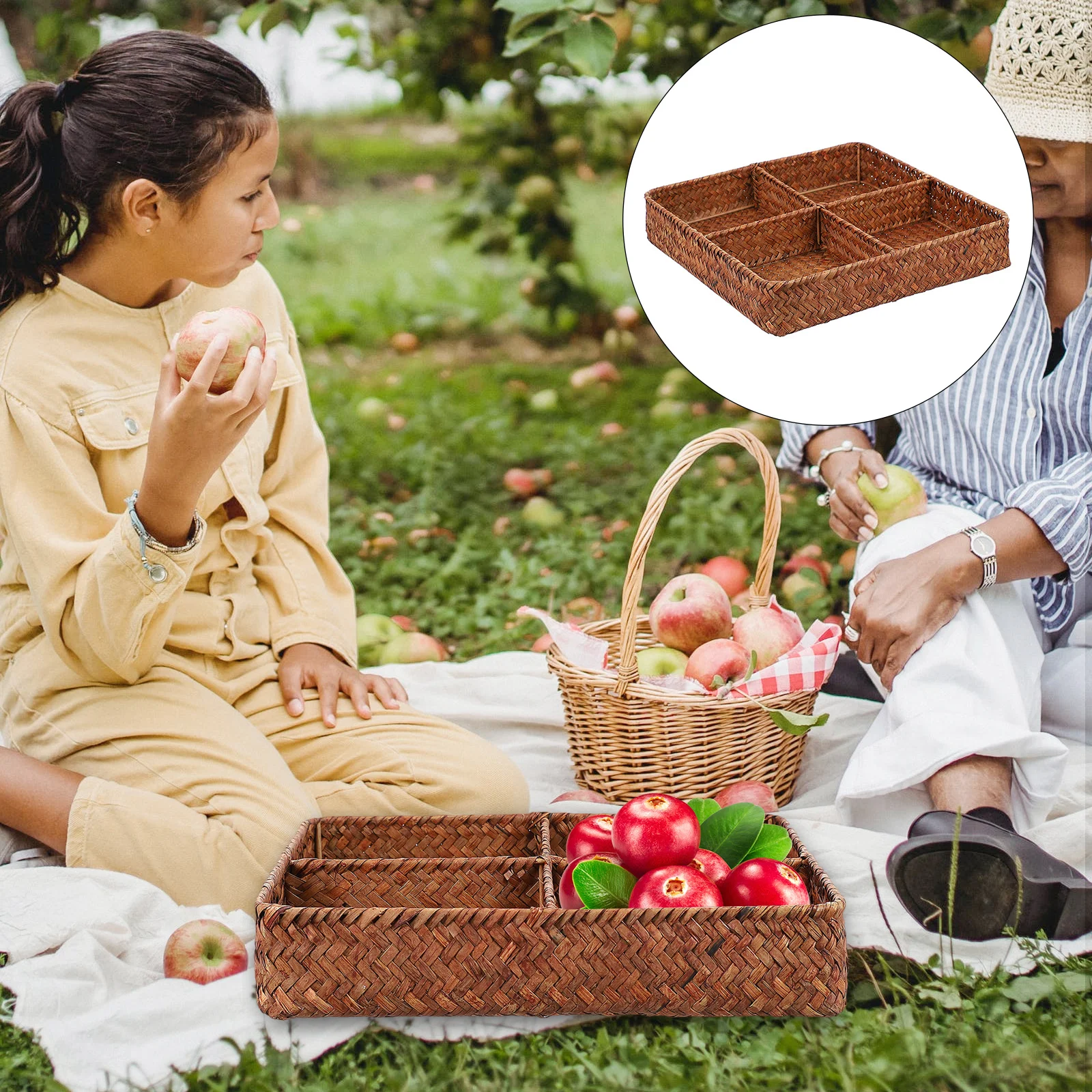 

1pc 4-Compartment Woven Storage Basket For Tea Table Fruit Makeup Organizer Household Sorting Basket Multi-Purpose Home