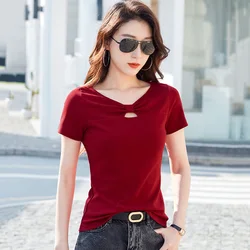 New Women Cotton T-shirt Summer Fashion Hollow Out Bow V-Neck Short Sleeve Tees Tops Chic Beautiful Slim T-shirt Burgundy