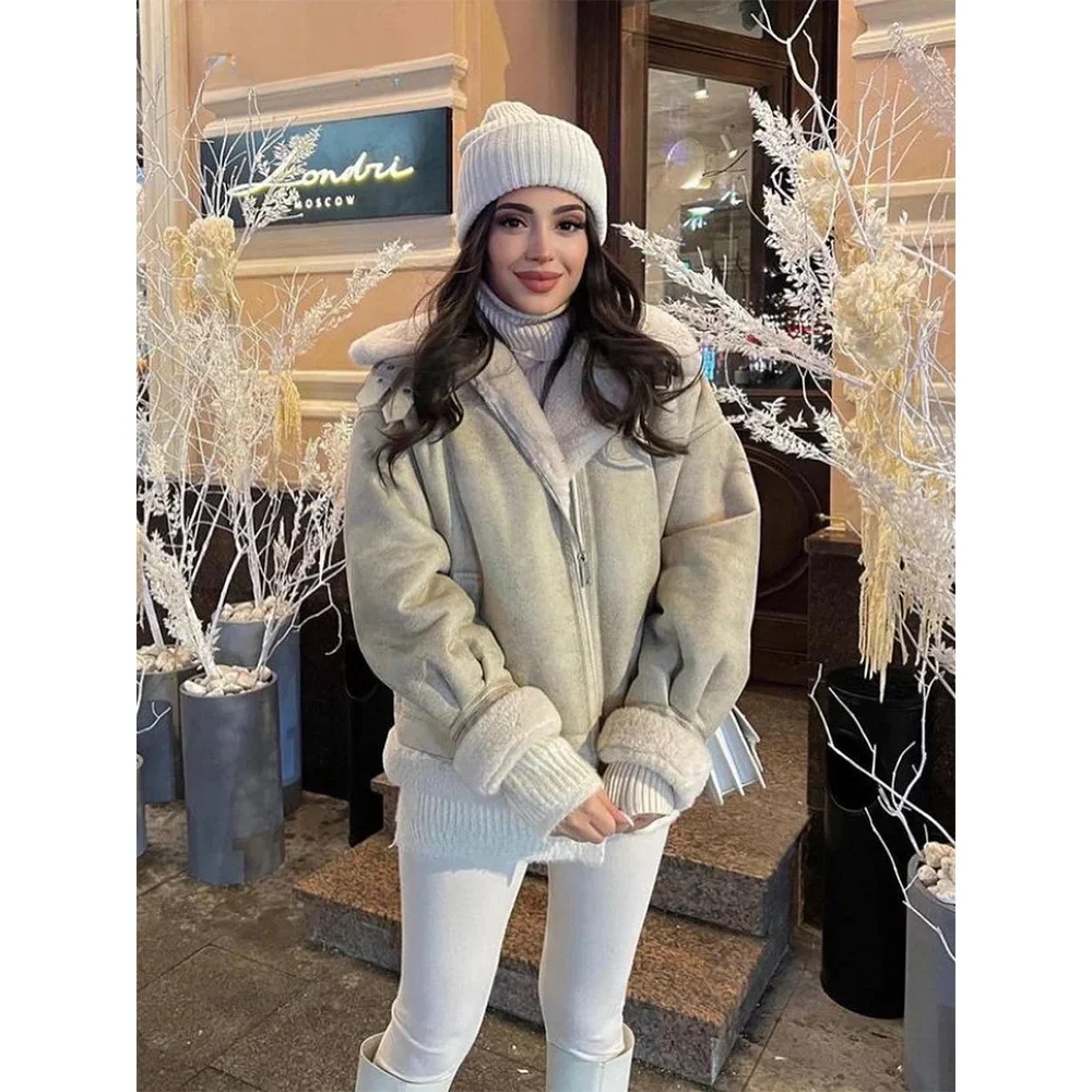 2024 Women New Fashion Winter Chic Jackets Solid Color Turn-Down Collar Long Sleeve Pockets Zippers Female Warm Jackets