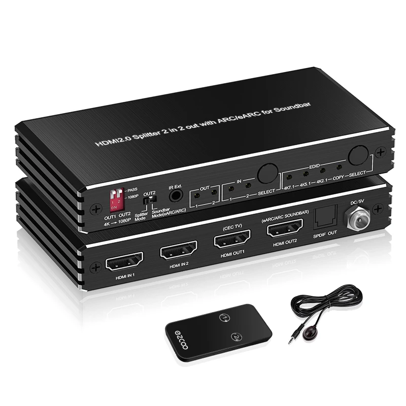 

2 in 2 Out HDMl 2.0 Splitter 2x2 4k hdmi Splitter Support 4K@60 4:4:4 8bit HDR, Scaler Output Audio Output ARC/eARC for Soundbar